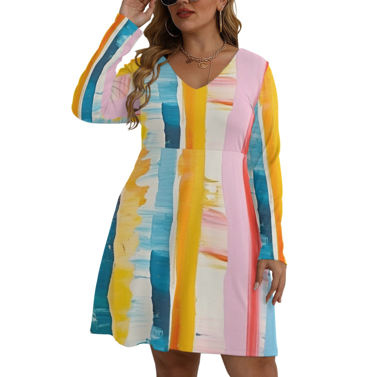 All-Over Print Women's V-neck Long Sleeve Dress(Plus Size)