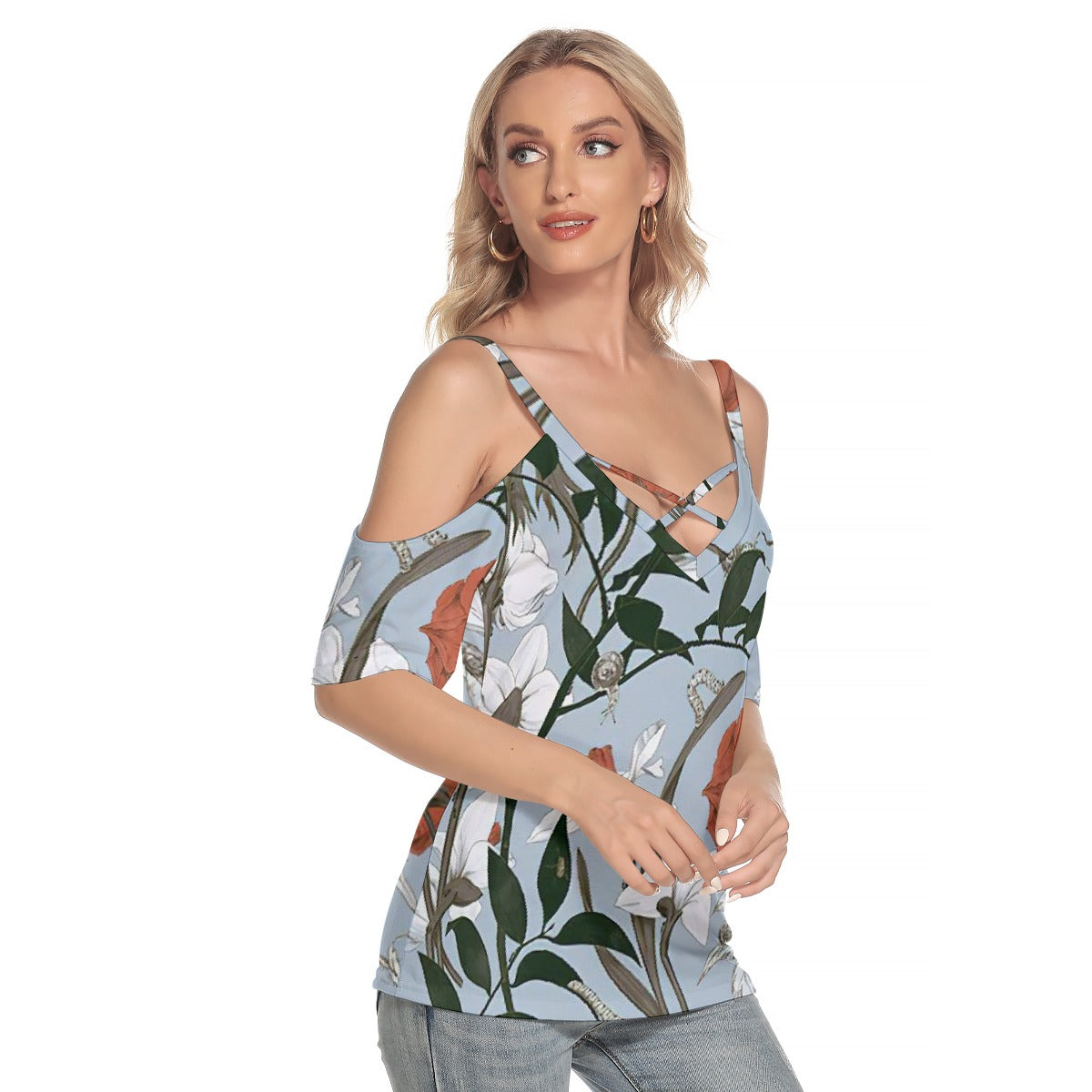 All-Over Print Women's Cold Shoulder T-shirt With Criss Cross Strips