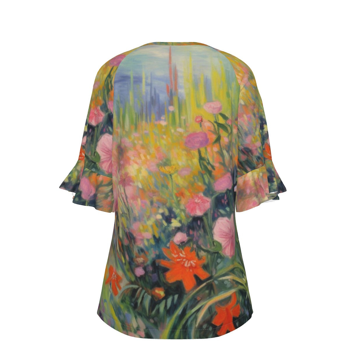 All-Over Print V-neck Women's T-shirt With Bell Sleeve