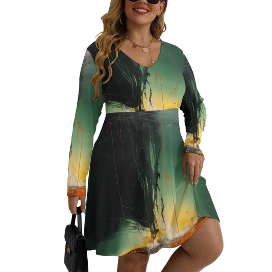 All-Over Print Women's V-neck Long Sleeve Dress(Plus Size)