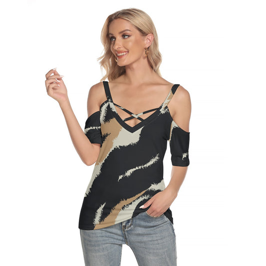 All-Over Print Women's Cold Shoulder T-shirt With Criss Cross Strips