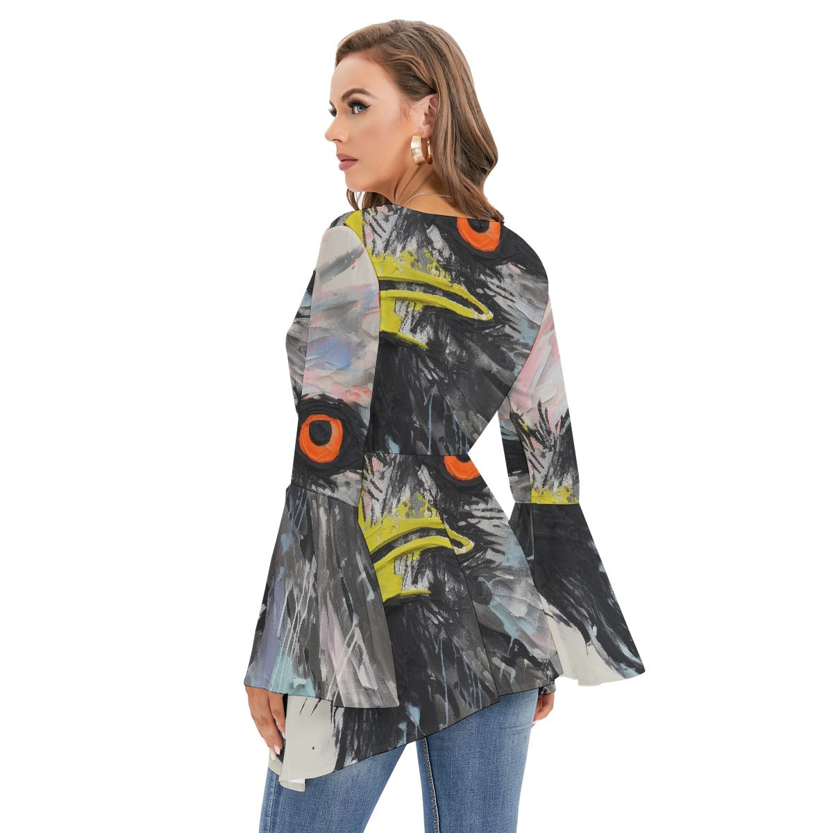 All-Over Print Women's V-neck Blouse With Flared Sleeves