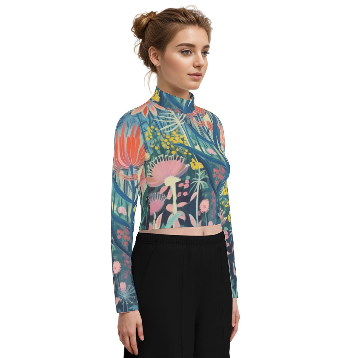 Eco-Friendly All-Over Print Women's Turtleneck T-shirt With Long Sleeve