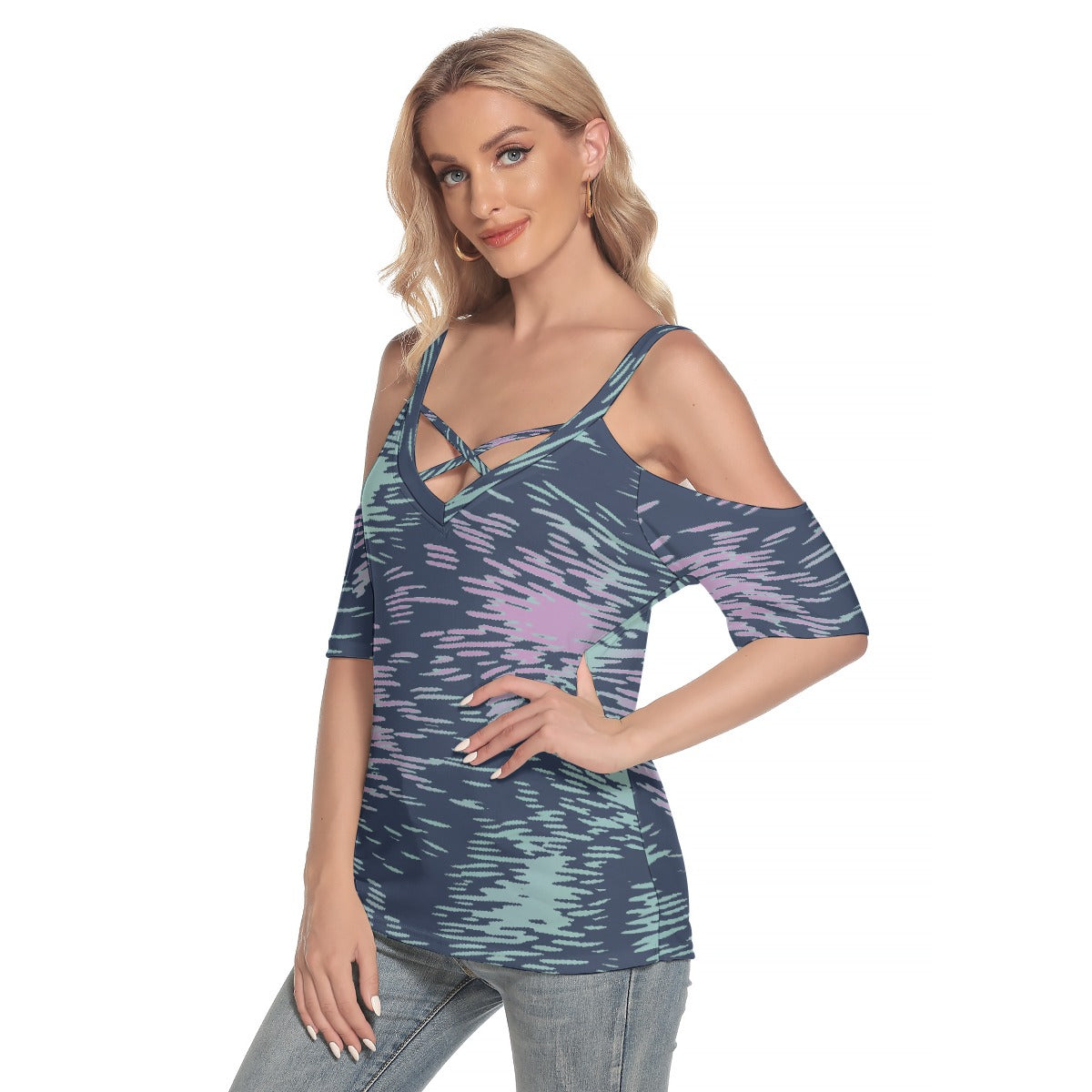 All-Over Print Women's Cold Shoulder T-shirt With Criss Cross Strips