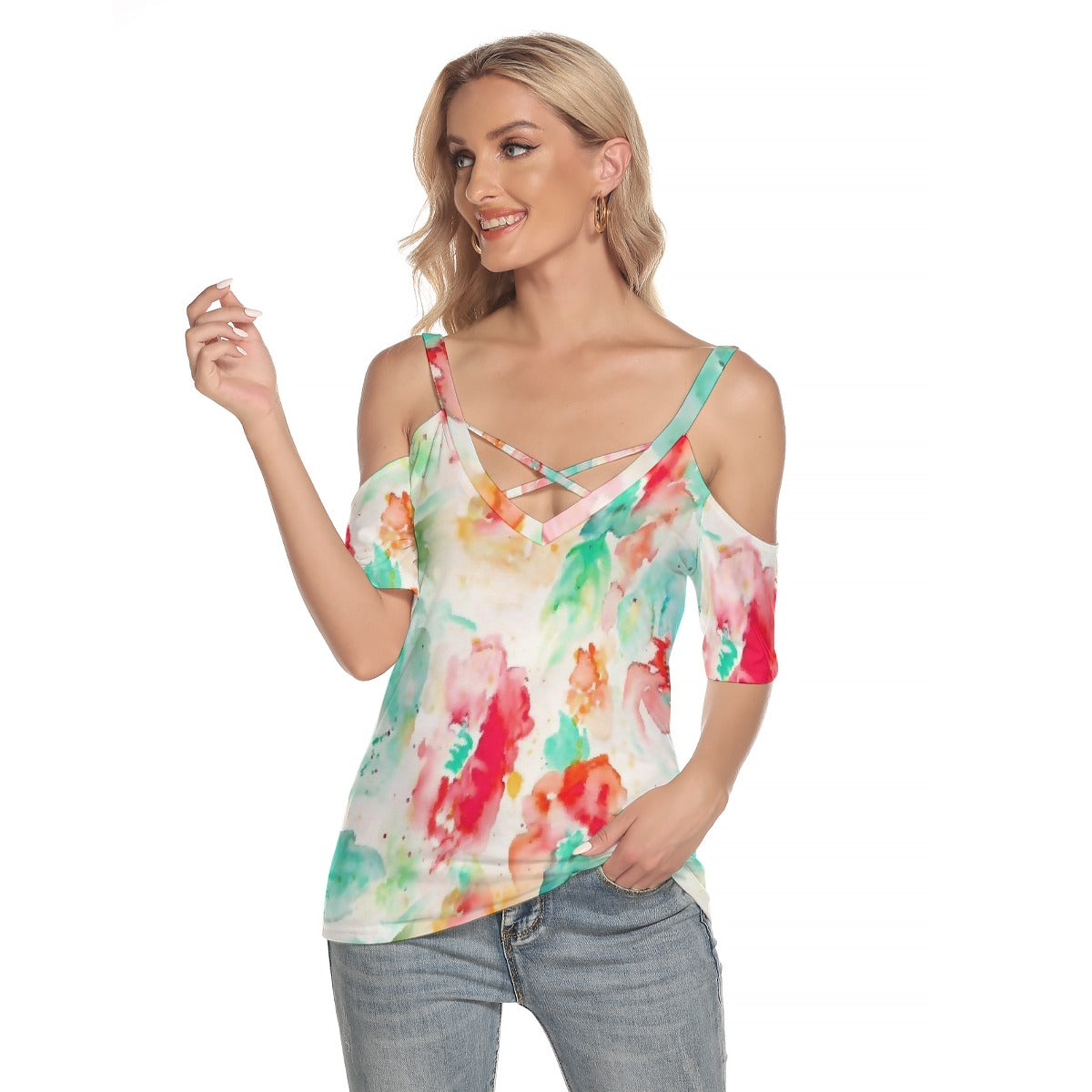 All-Over Print Women's Cold Shoulder T-shirt With Criss Cross Strips