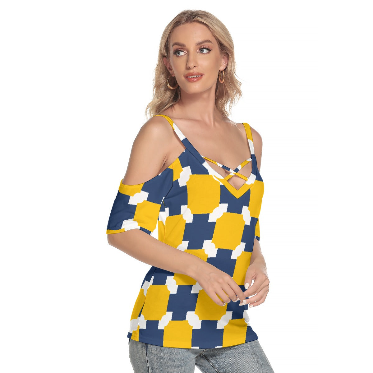 All-Over Print Women's Cold Shoulder T-shirt With Criss Cross Strips