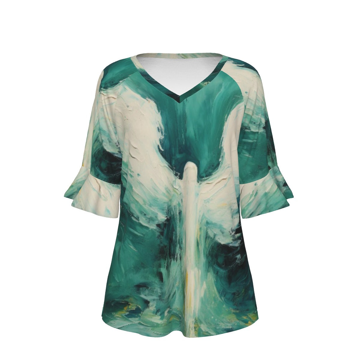 All-Over Print V-neck Women's T-shirt With Bell Sleeve