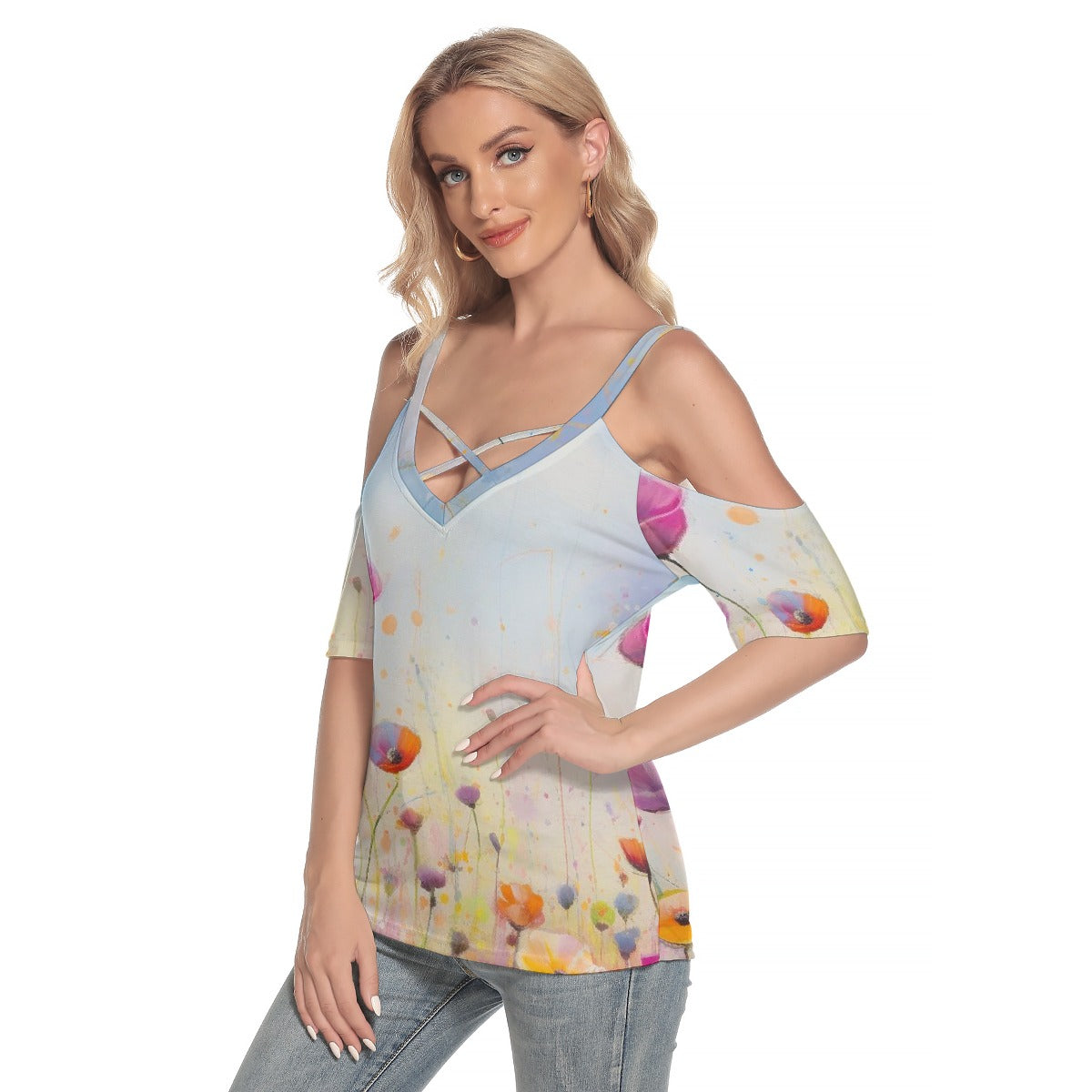 All-Over Print Women's Cold Shoulder T-shirt With Criss Cross Strips