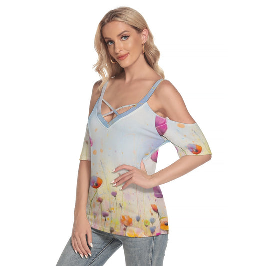 All-Over Print Women's Cold Shoulder T-shirt With Criss Cross Strips