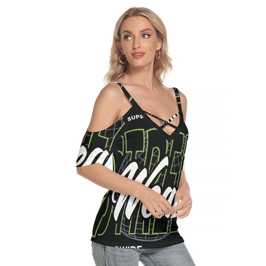 All-Over Print Women's Cold Shoulder T-shirt With Criss Cross Strips