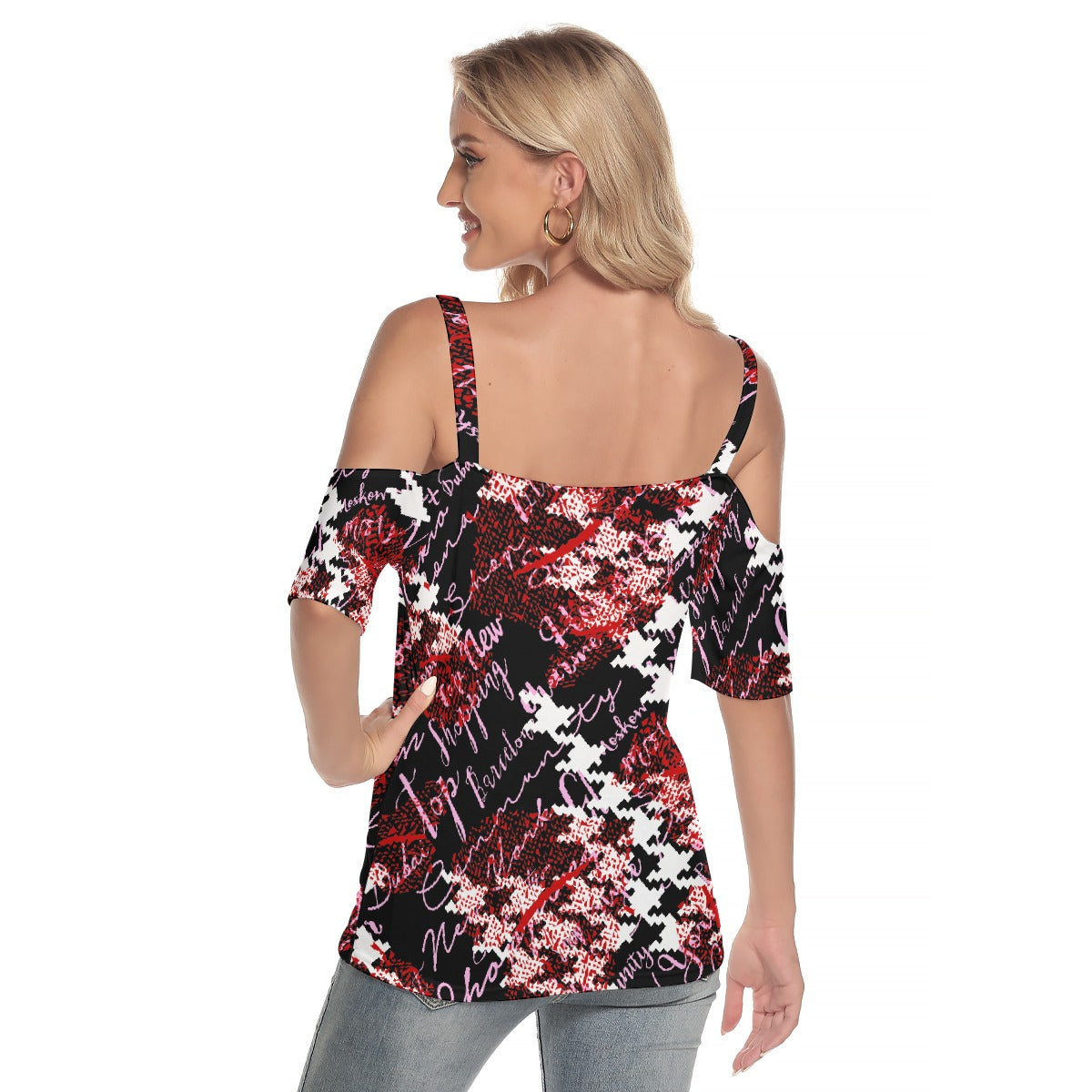 All-Over Print Women's Cold Shoulder T-shirt With Criss Cross Strips