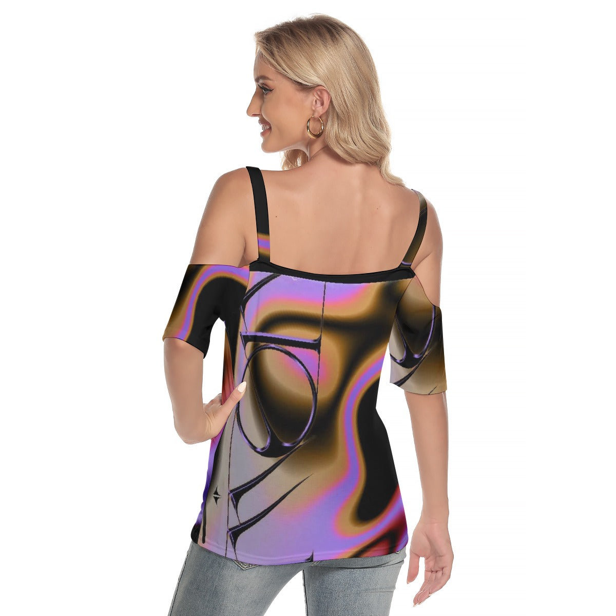 All-Over Print Women's Cold Shoulder T-shirt With Criss Cross Strips