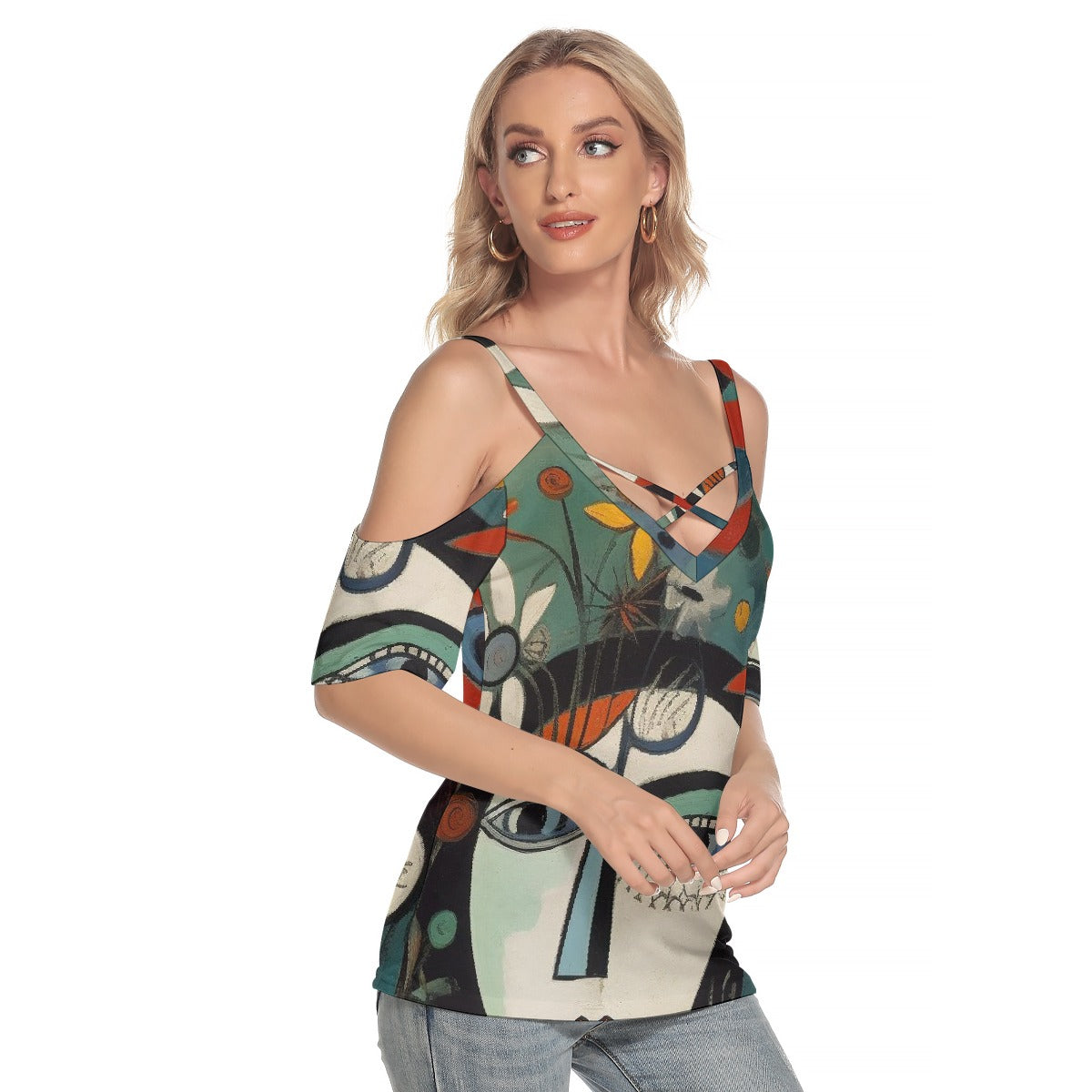 All-Over Print Women's Cold Shoulder T-shirt With Criss Cross Strips