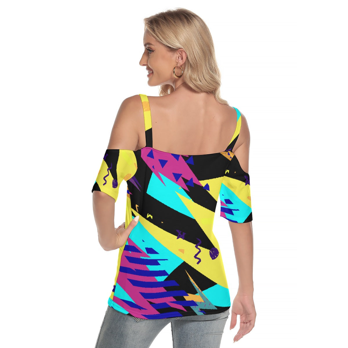 All-Over Print Women's Cold Shoulder T-shirt With Criss Cross Strips