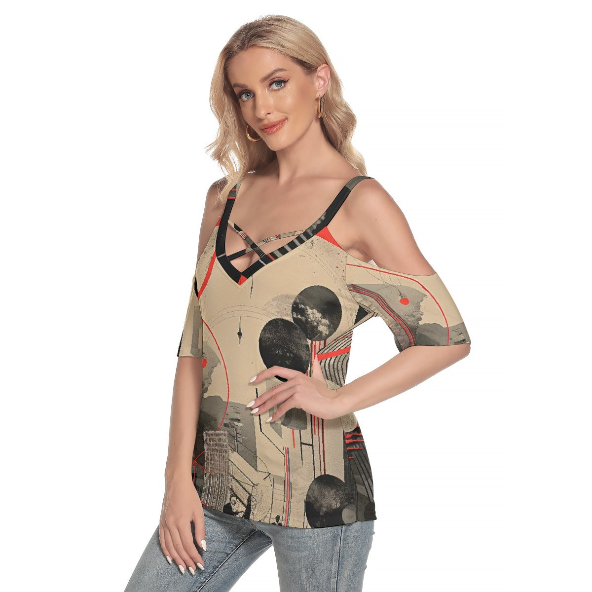 All-Over Print Women's Cold Shoulder T-shirt With Criss Cross Strips