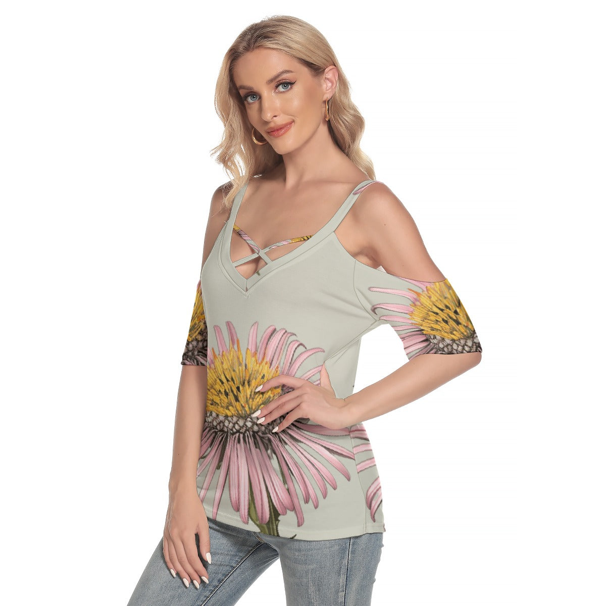 All-Over Print Women's Cold Shoulder T-shirt With Criss Cross Strips