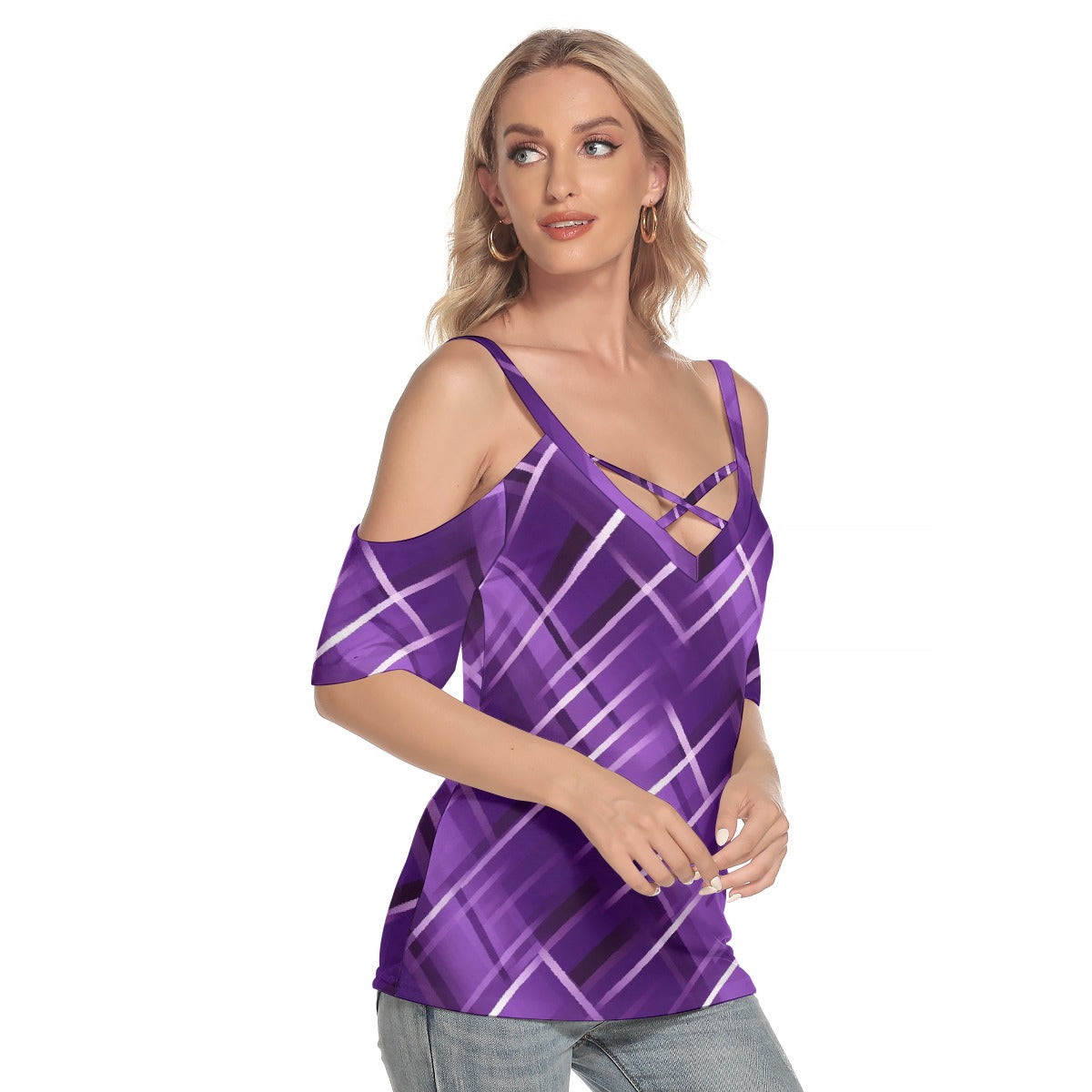 All-Over Print Women's Cold Shoulder T-shirt With Criss Cross Strips