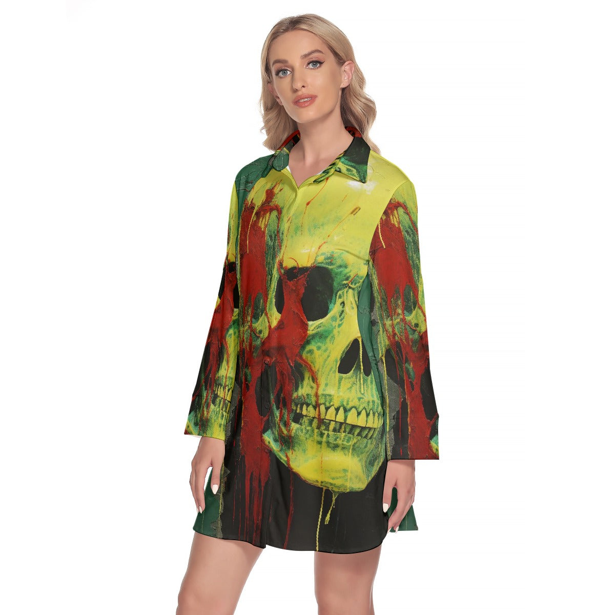 All-Over Print Women's Lapel Shirt Dress With Long Sleeve