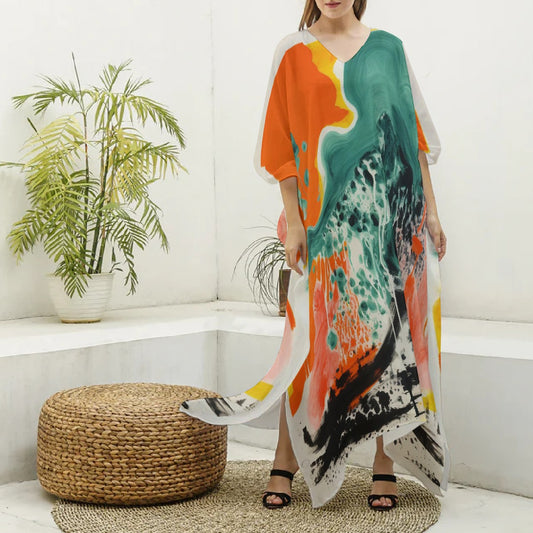 All-Over Print Women's Imitation Silk V-neck Kaftan Robe