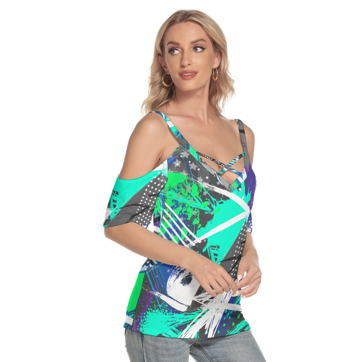 All-Over Print Women's Cold Shoulder T-shirt With Criss Cross Strips