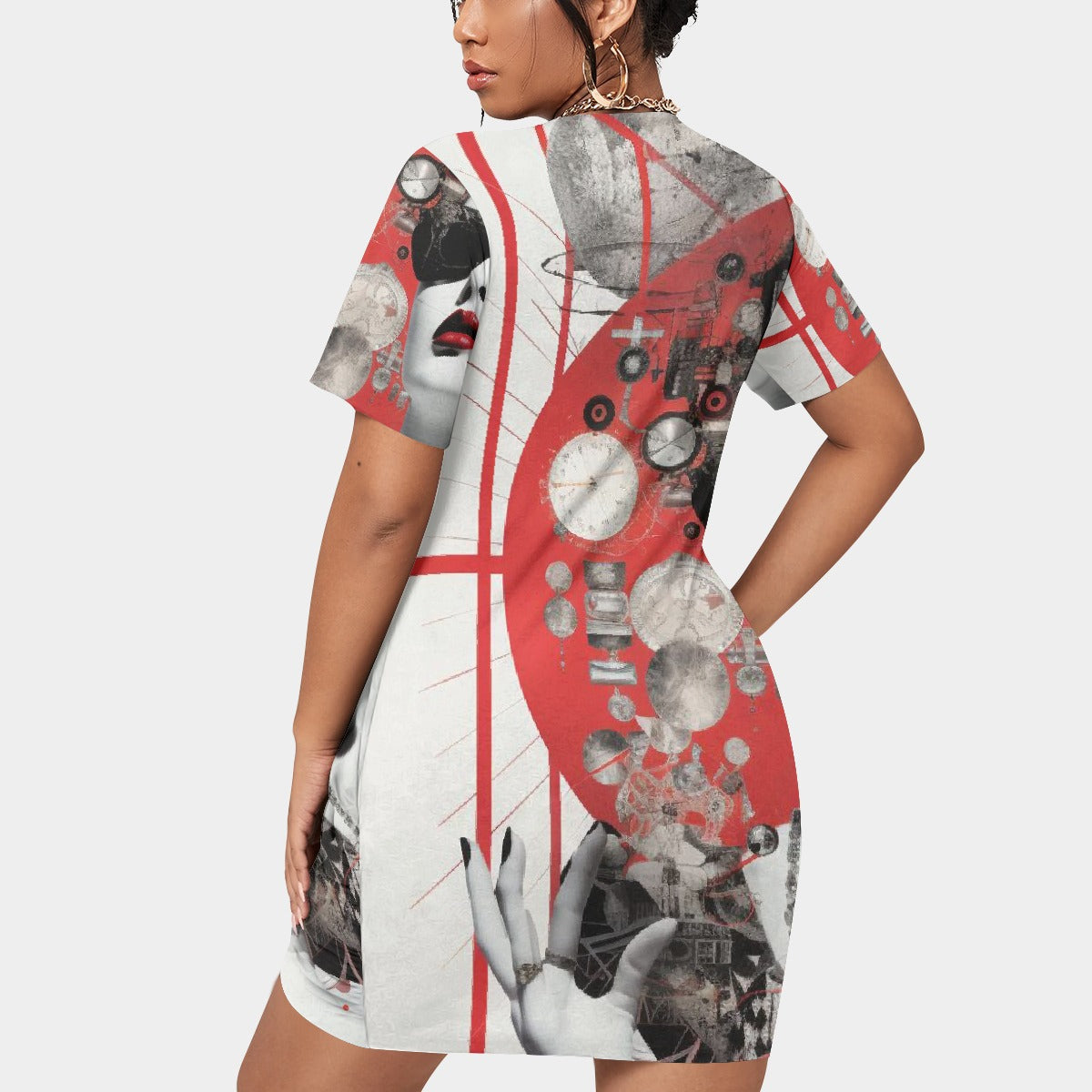 All-Over Print Women’s Stacked Hem Dress With Short Sleeve（Plus Size）