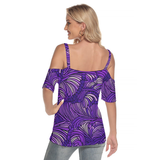 All-Over Print Women's Cold Shoulder T-shirt With Criss Cross Strips