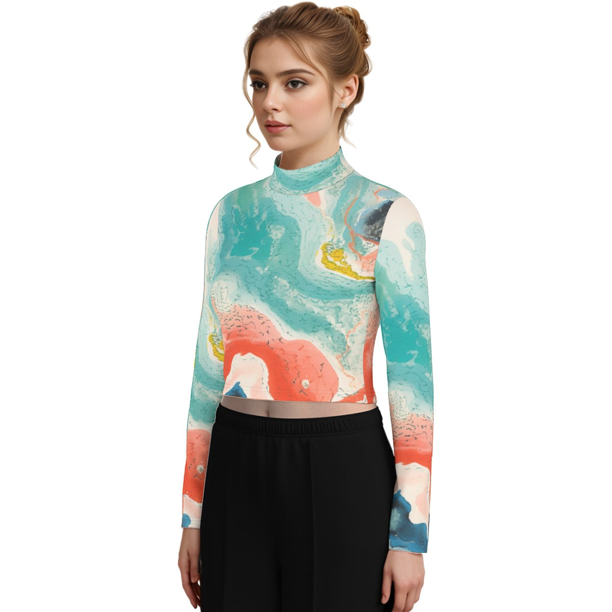 Eco-Friendly All-Over Print Women's Turtleneck T-shirt With Long Sleeve