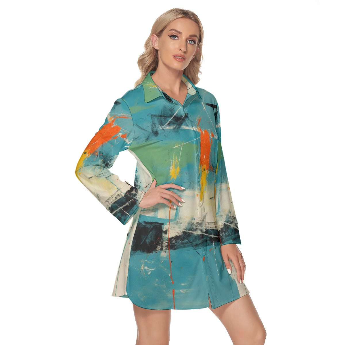 All-Over Print Women's Lapel Shirt Dress With Long Sleeve