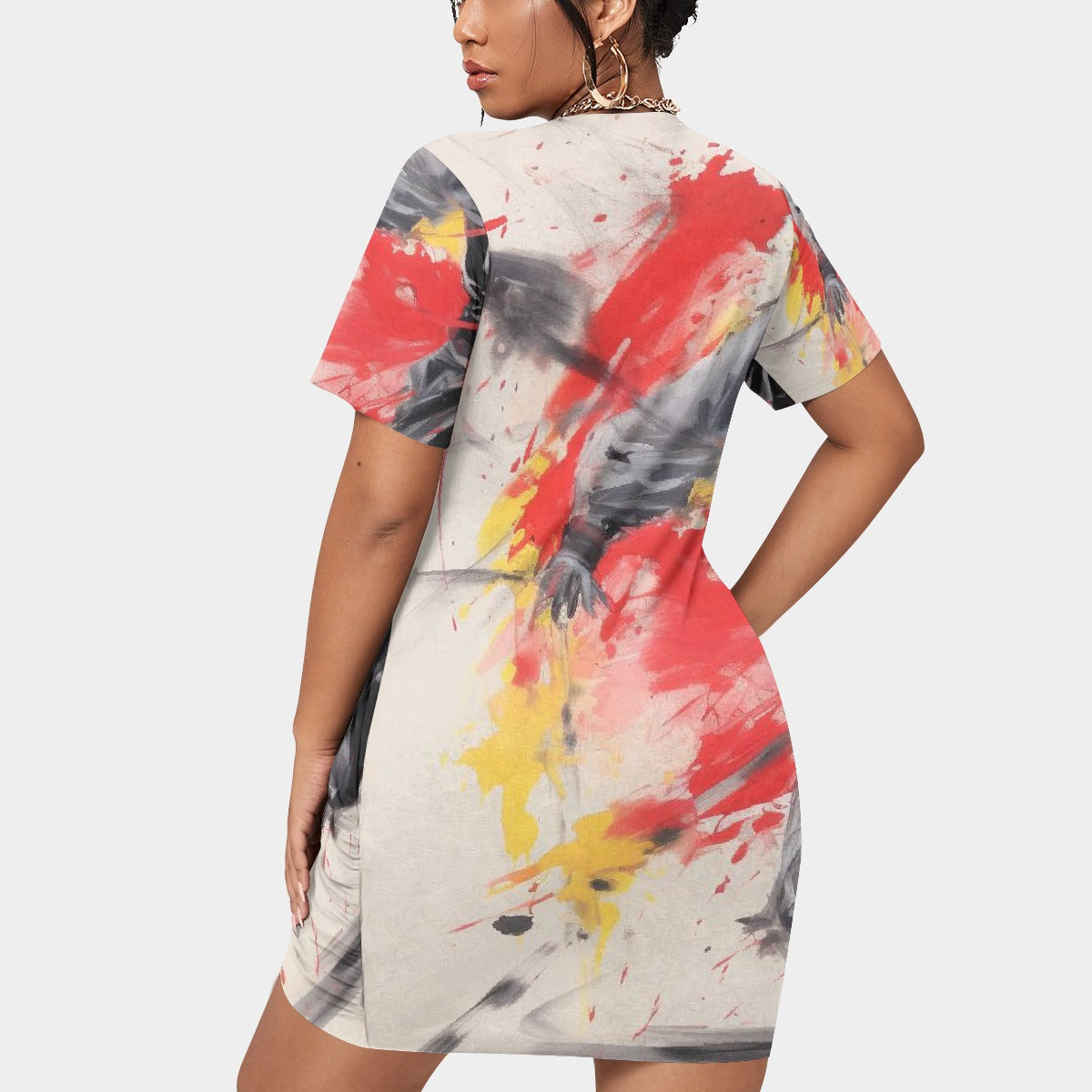 All-Over Print Women’s Stacked Hem Dress With Short Sleeve（Plus Size）