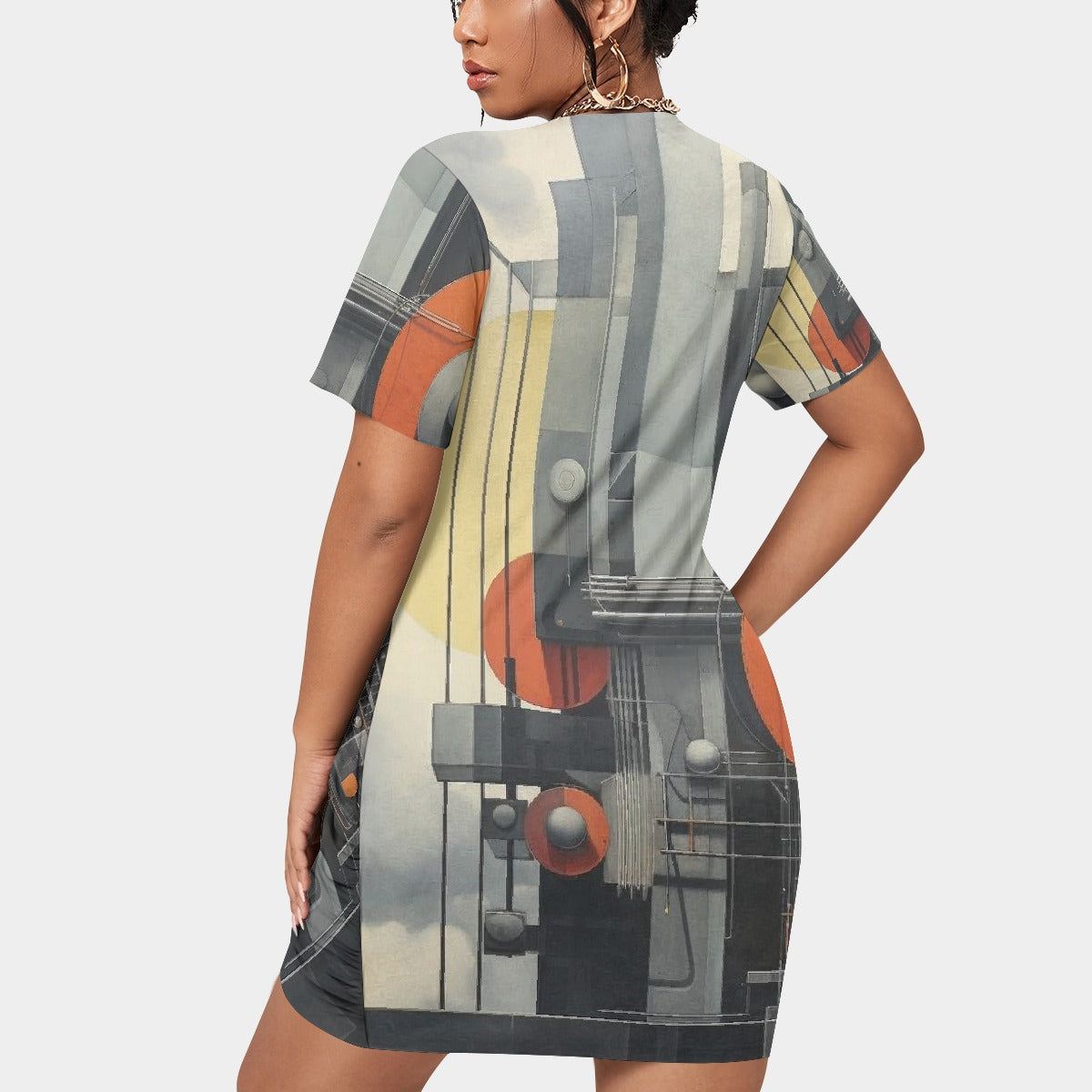 All-Over Print Women’s Stacked Hem Dress With Short Sleeve（Plus Size）