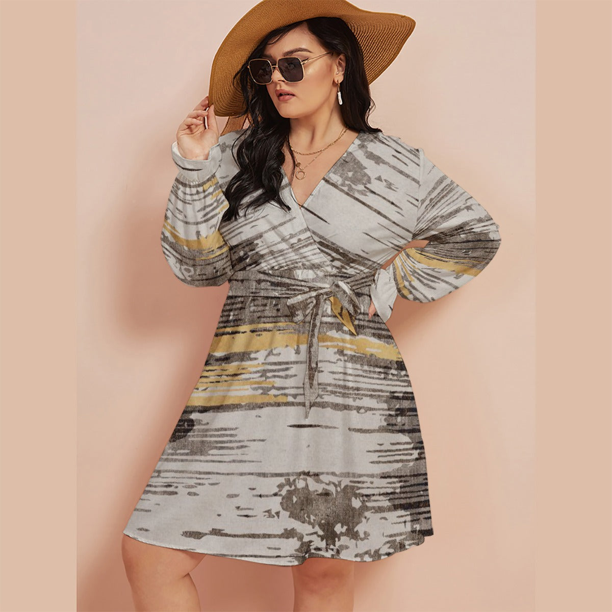 All-Over Print Women's V-neck Dress With Waistband(Plus Size)