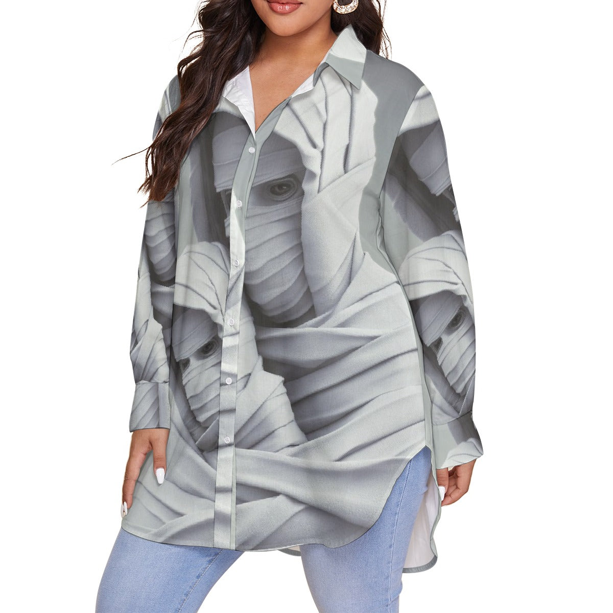 All-Over Print Women's Shirt With Long Sleeve(Plus Size)