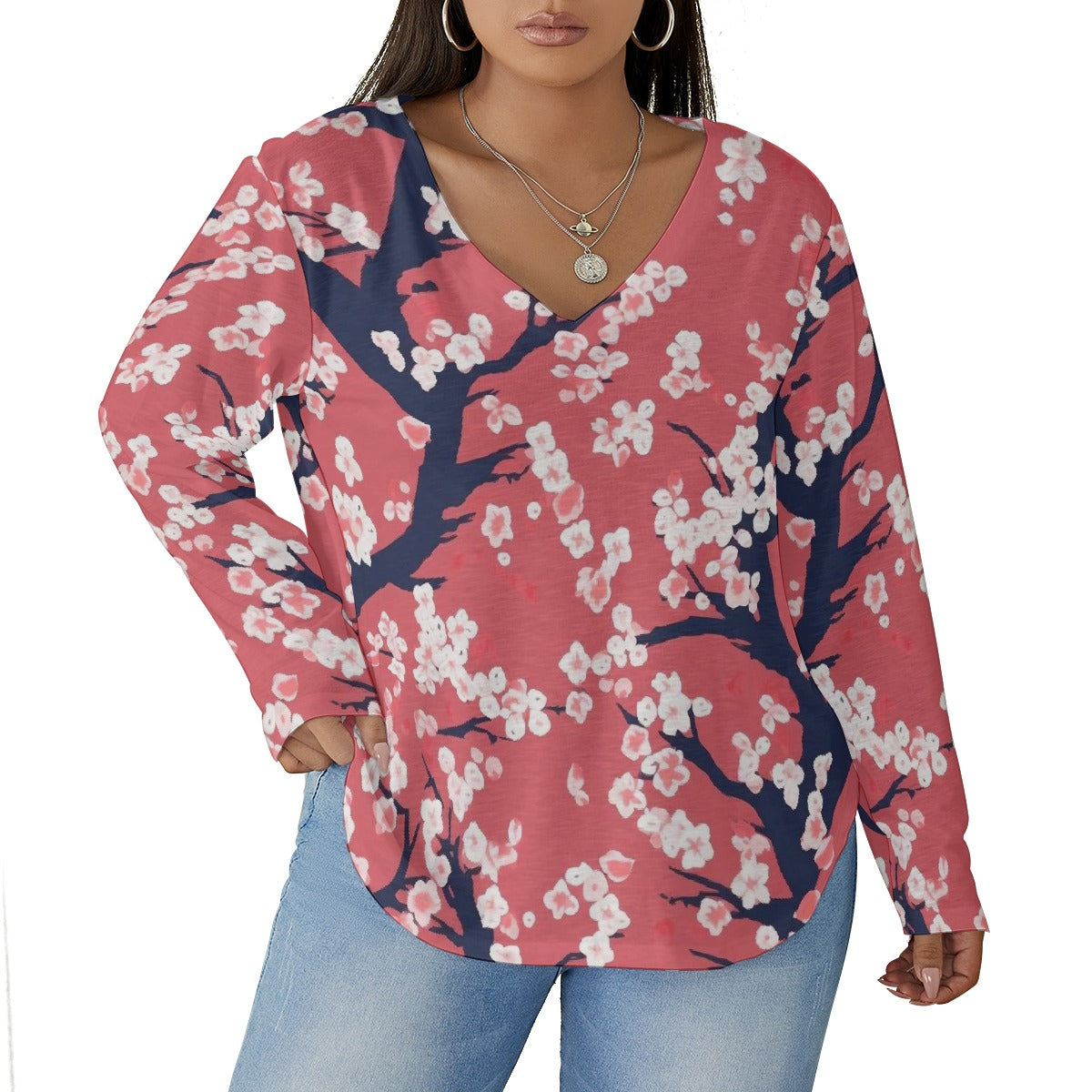 All-Over Print Women's V-neck T-shirt With Curved Hem(Plus Size)