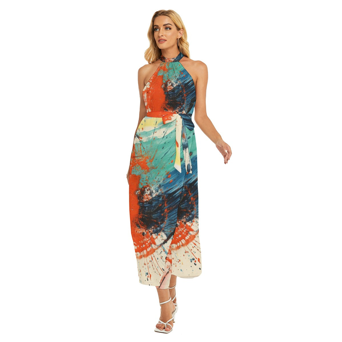 All-Over Print Women's Wrap Hem Belted Halter Dress