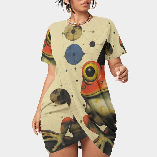 All-Over Print Women’s Stacked Hem Dress With Short Sleeve（Plus Size）