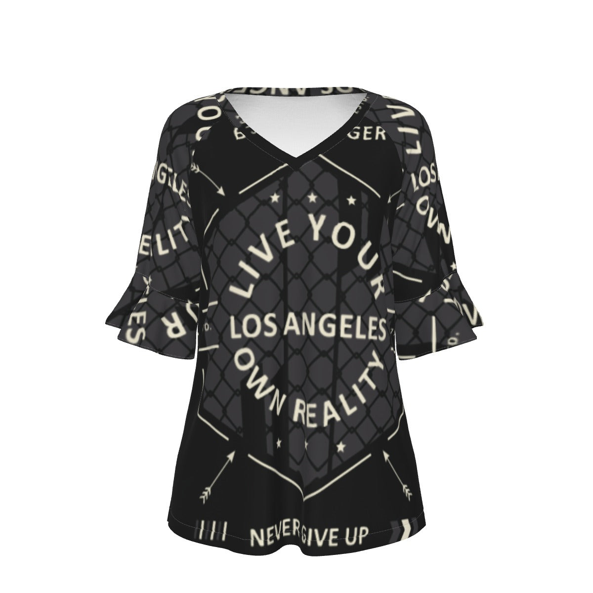 All-Over Print V-neck Women's T-shirt With Bell Sleeve