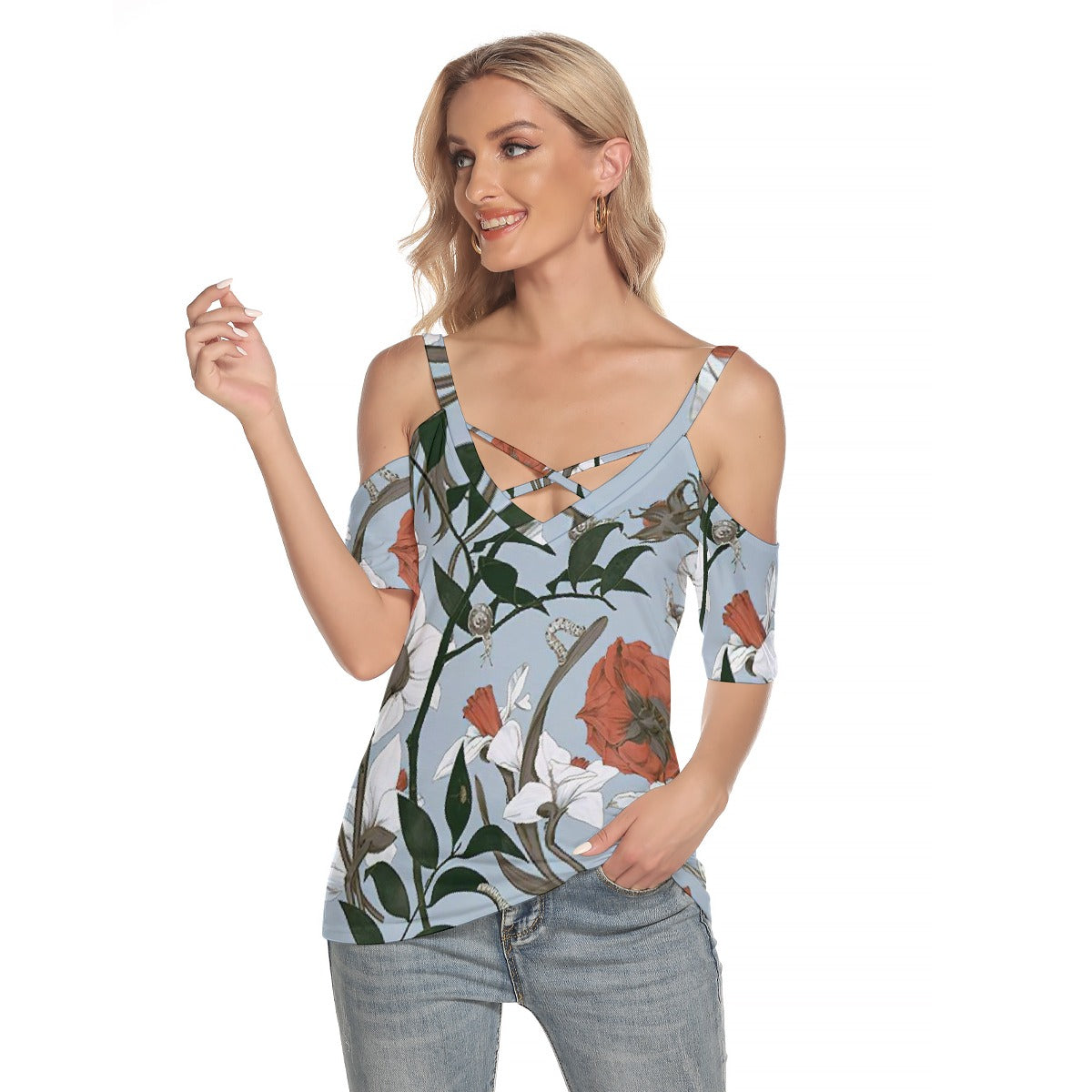 All-Over Print Women's Cold Shoulder T-shirt With Criss Cross Strips