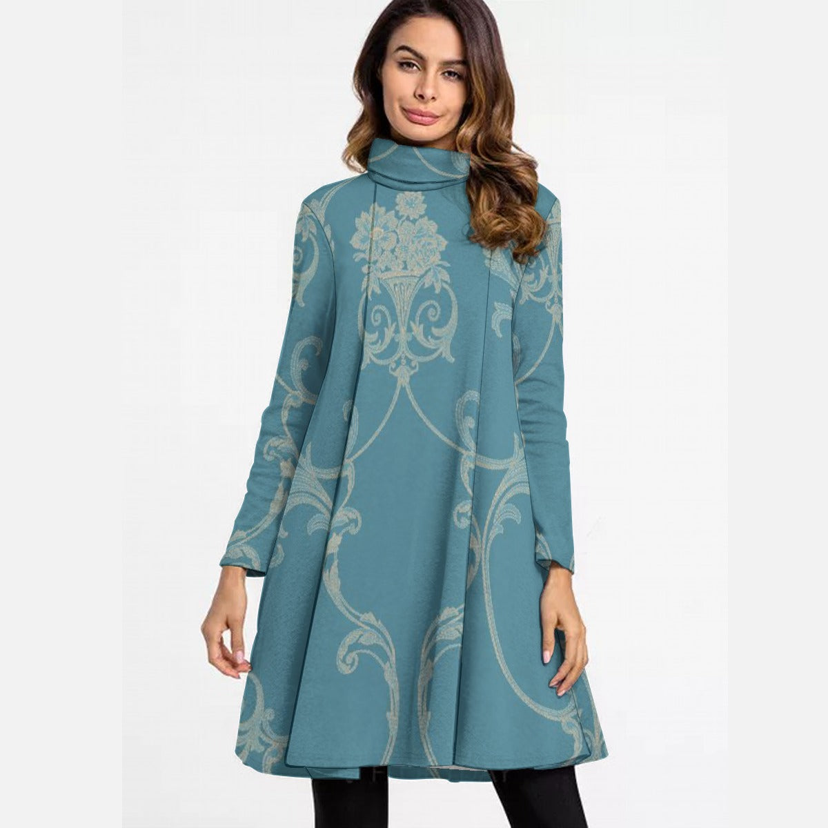 All-Over Print Women's High Neck Dress With Long Sleeve