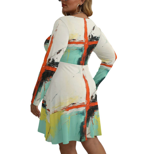 All-Over Print Women's V-neck Long Sleeve Dress(Plus Size)