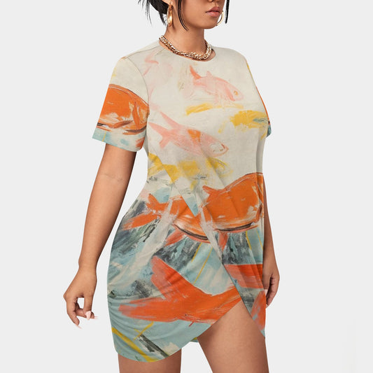 All-Over Print Women’s Stacked Hem Dress With Short Sleeve（Plus Size）