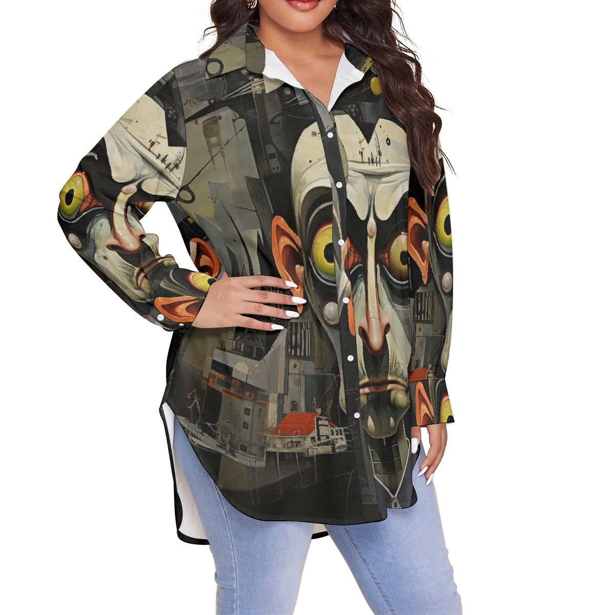 All-Over Print Women's Shirt With Long Sleeve(Plus Size)