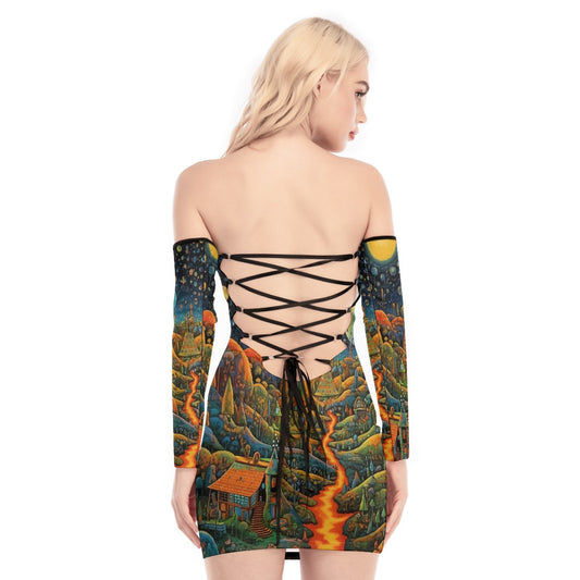 All-Over Print Women's Off-shoulder Back Lace-up Dress