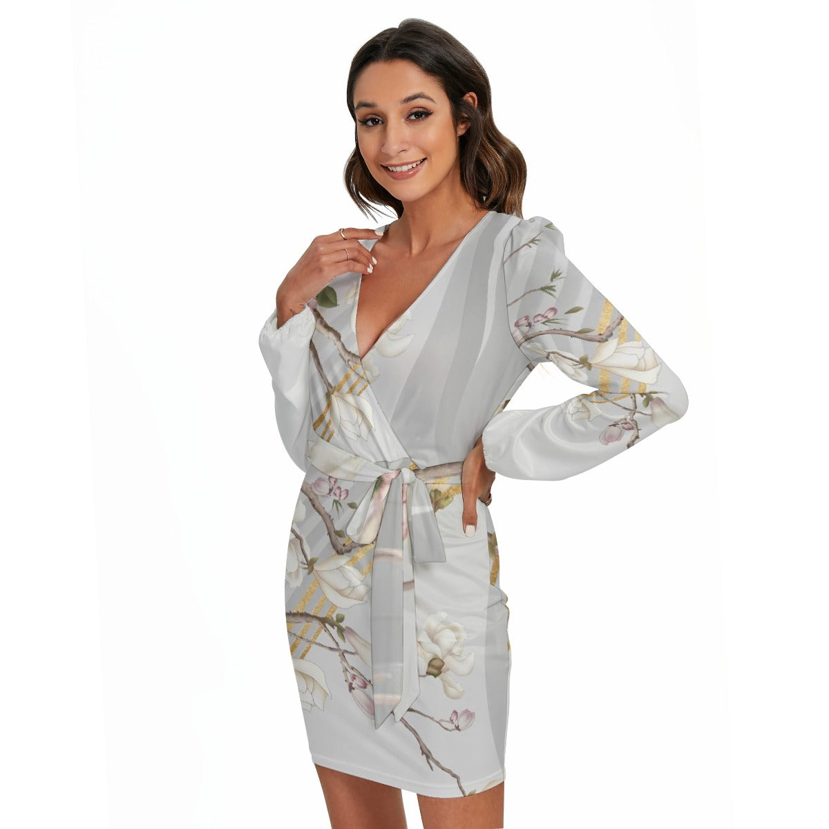 All-Over Print Women's Long Sleeve Dress With Waist Belt