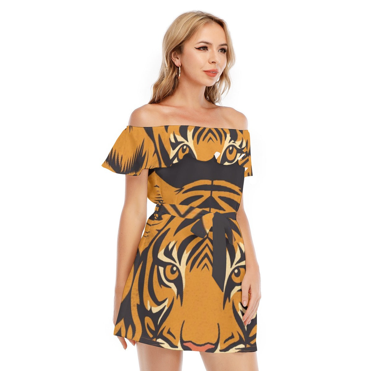 All-Over Print Women's Off-shoulder Dress With Ruffle