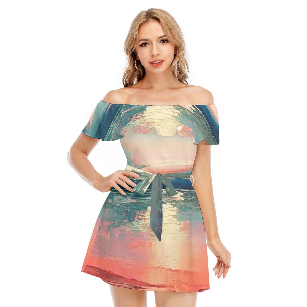 All-Over Print Women's Off-shoulder Dress With Ruffle