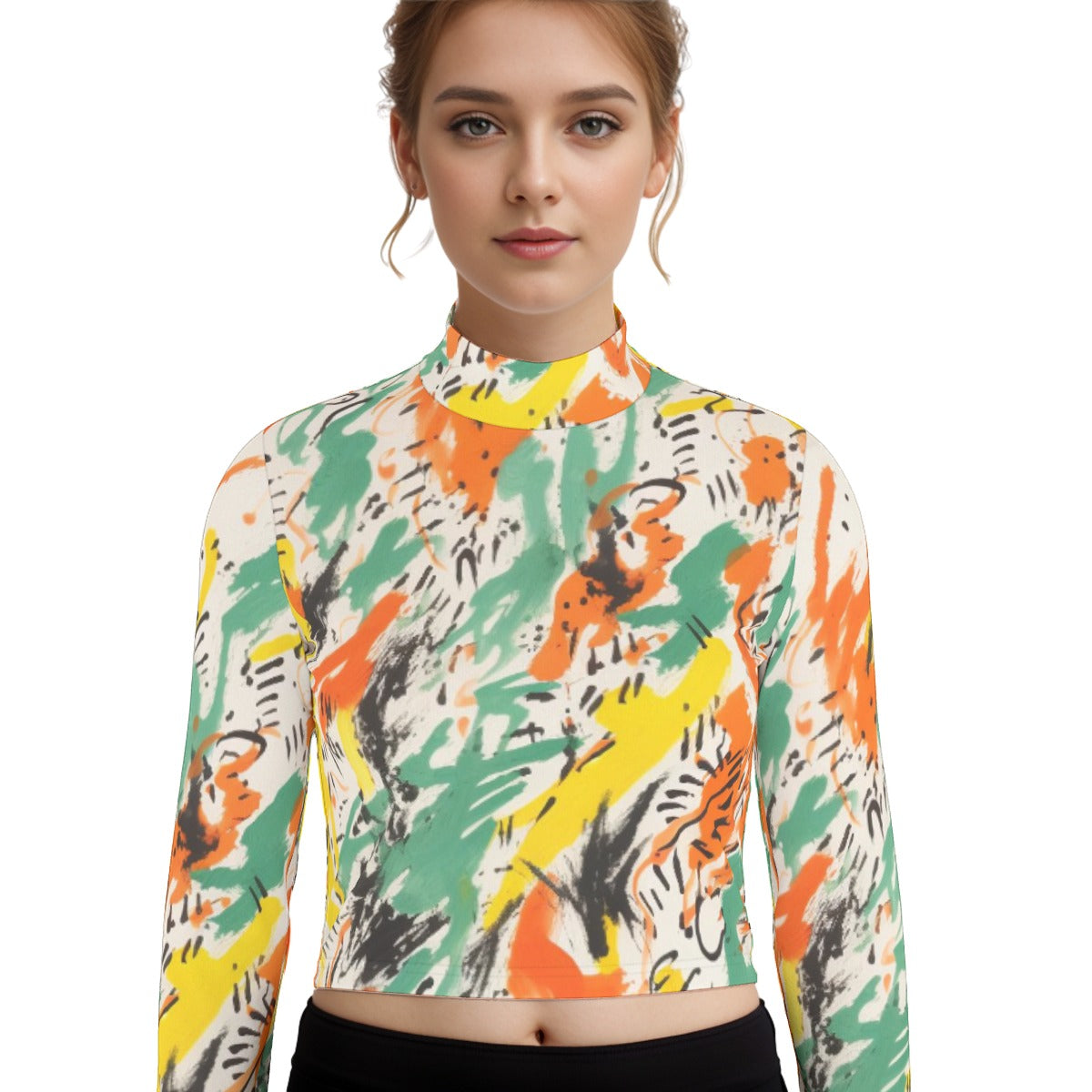 Eco-Friendly All-Over Print Women's Turtleneck T-shirt With Long Sleeve