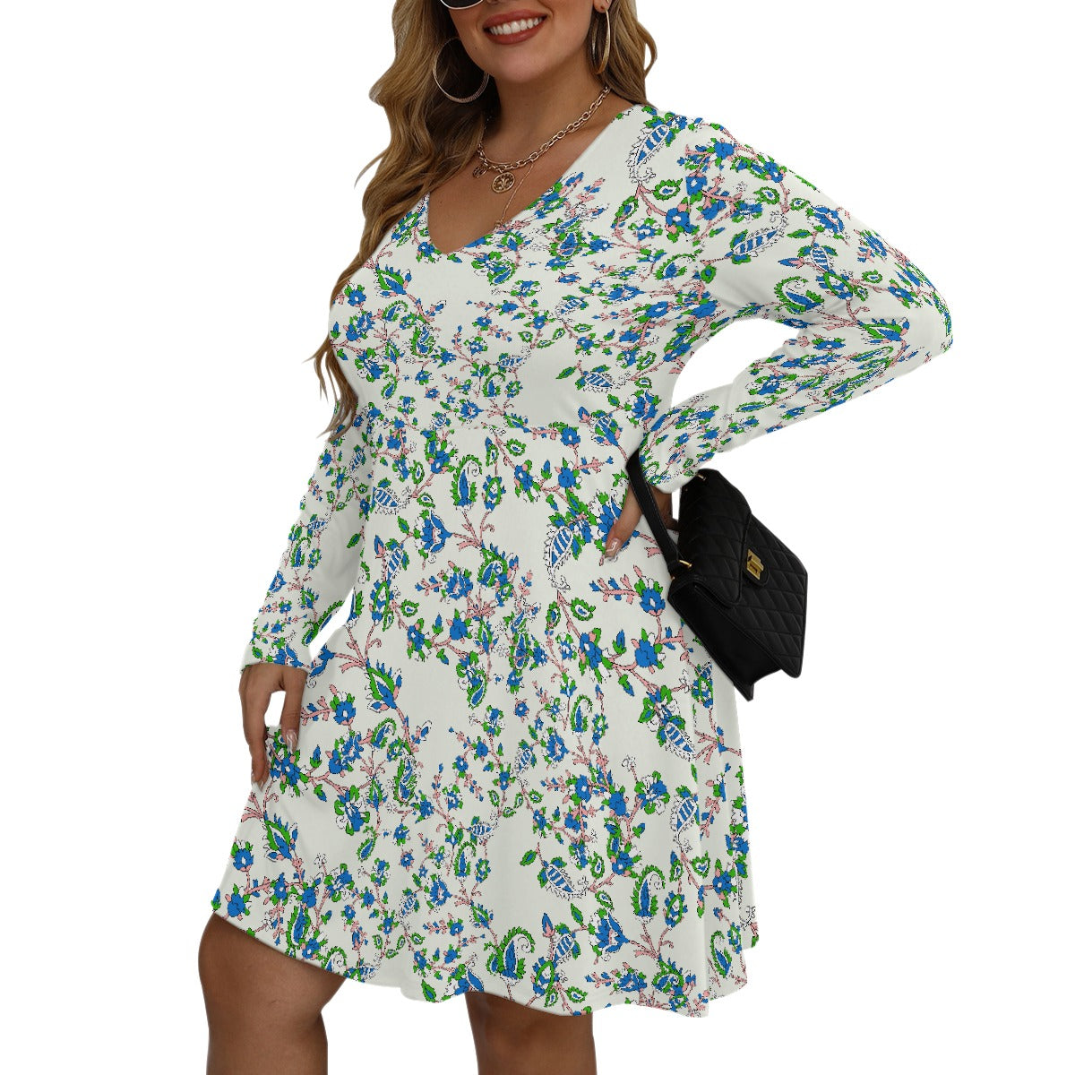 All-Over Print Women's V-neck Long Sleeve Dress(Plus Size)