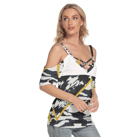 All-Over Print Women's Cold Shoulder T-shirt With Criss Cross Strips