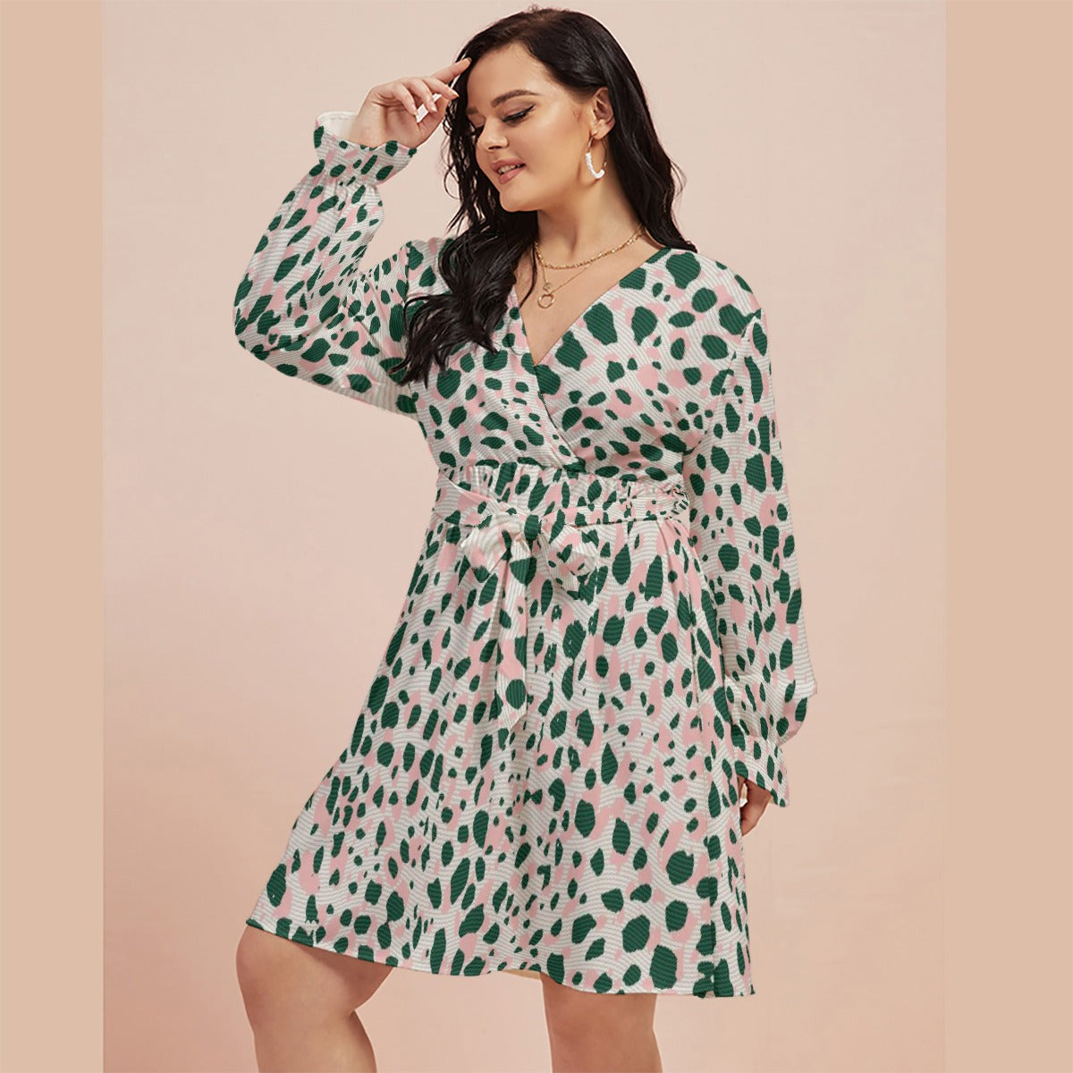 All-Over Print Women's V-neck Dress With Waistband(Plus Size)