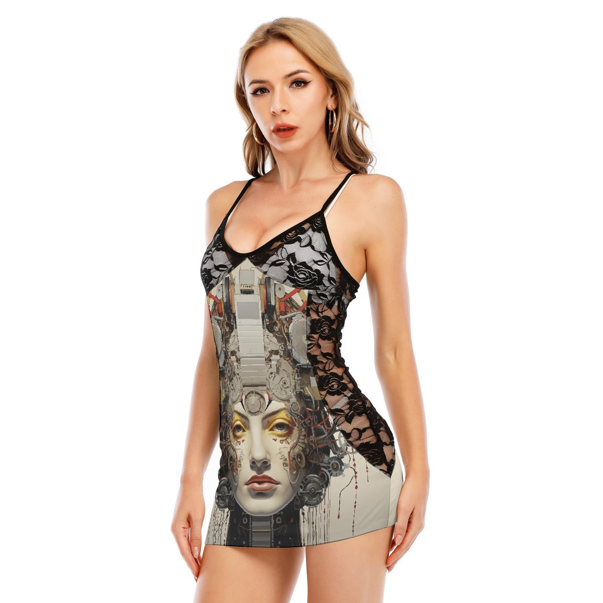 All-Over Print Women's Black Lace Cami Dress